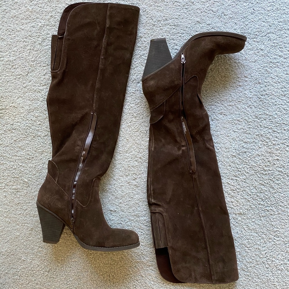 MIA Aubrey Over-the-knee brown suede boots.